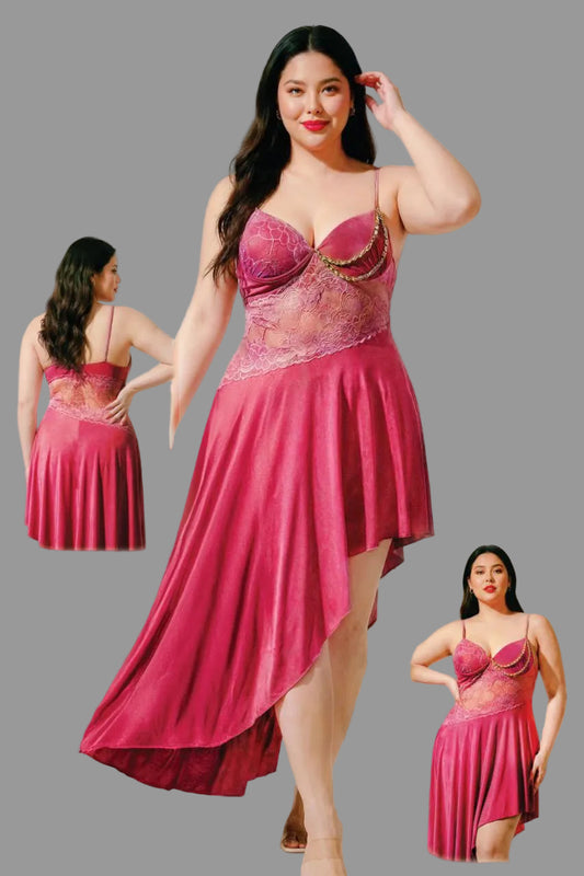Elegant Vaura satin nightdress with asymmetrical hem, lace cups, and a gold chain detail, designed for luxurious sleepwear.