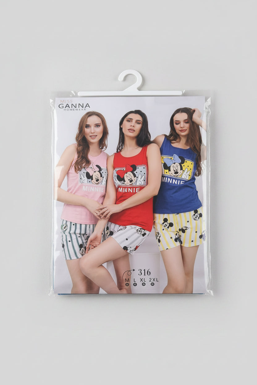 Packaging of Ganna home wear with three models wearing pajama sets featuring cartoon characters.