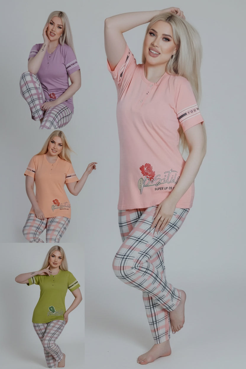 Woman wearing a pink pajama set with plaid pants, surrounded by inset images of herself in different colored tops.