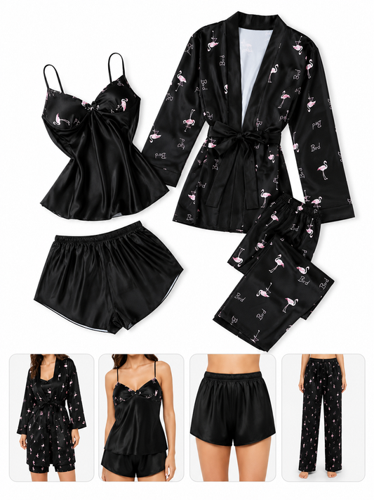 Soft satin sleepwear set by Vaura, 4-piece pajama collection with comfortable, elegant design and smooth fabric.