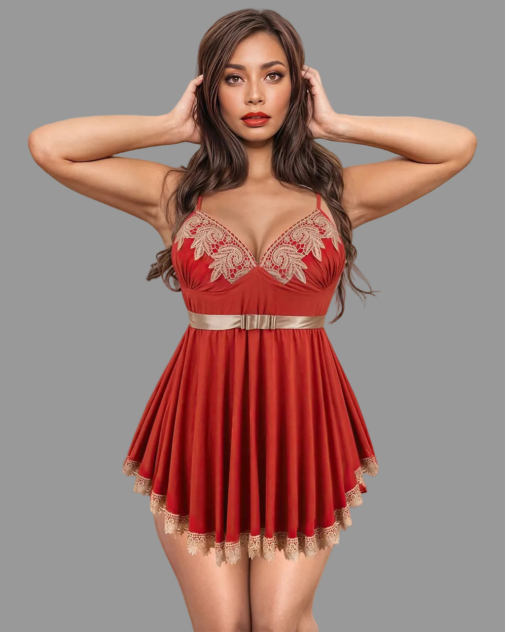 Beige nightdress with red border and lace trim by Vaura, showcasing the elegant sleepwear design and soft fabric details.