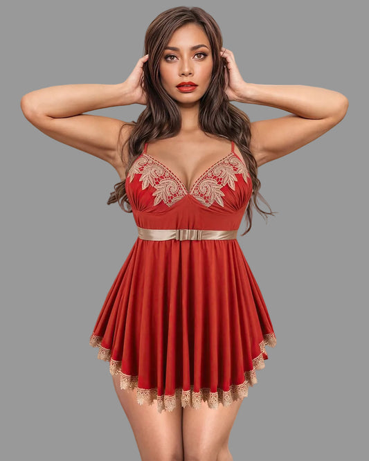 Beige nightdress with red border and lace trim by Vaura, showcasing the elegant sleepwear design and soft fabric details.