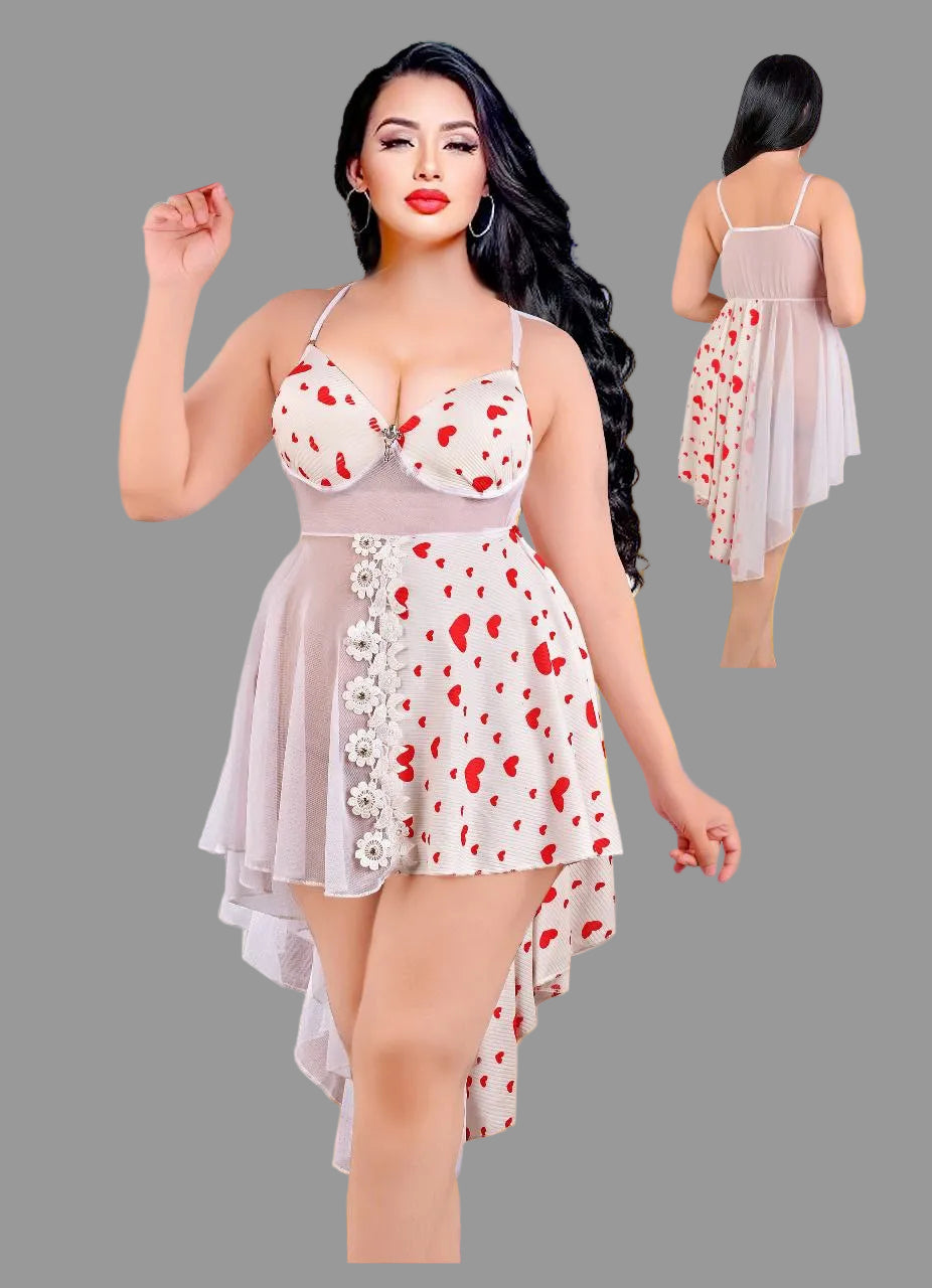 Beige sleep shirt by Vaura with red hearts, lace, and floral details, featuring a comfortable and stylish design.