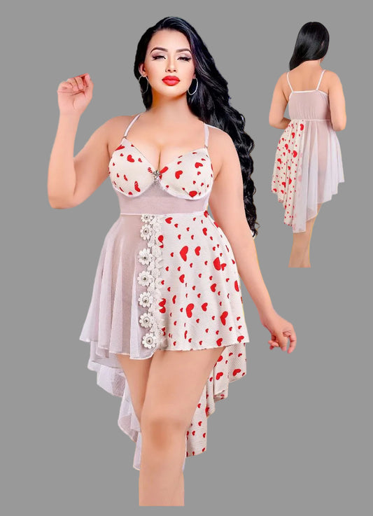 Beige sleep shirt by Vaura with red hearts, lace, and floral details, featuring a comfortable and stylish design.