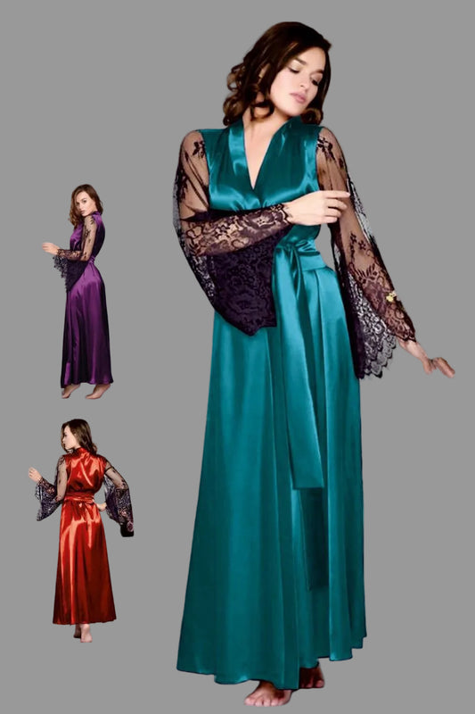 Multicolor satin long nightrobe with lace sleeves by Vaura, showcasing soft fabric and elegant lace detailing.