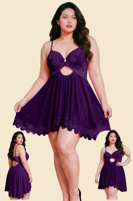 Woman wearing a purple lace nightgown with a blurred background