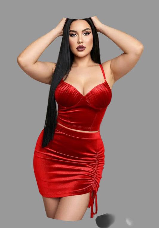 Red velvet 2-piece evening set with corset and skirt by Vaura, plus size, featuring luxurious fabric and elegant design.
