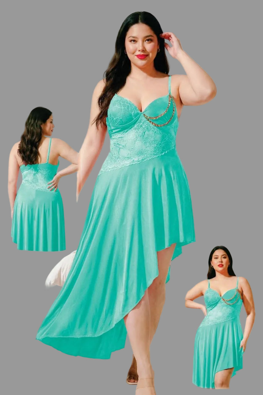Vaura satin nightdress with uneven hem, lace cups, and gold chain detail, featuring a luxurious and elegant design.