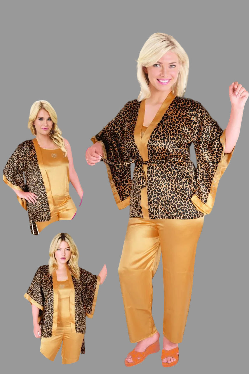 Vaura gold leopard satin pajama set with three pieces, featuring luxurious sleepwear design and elegant comfort.