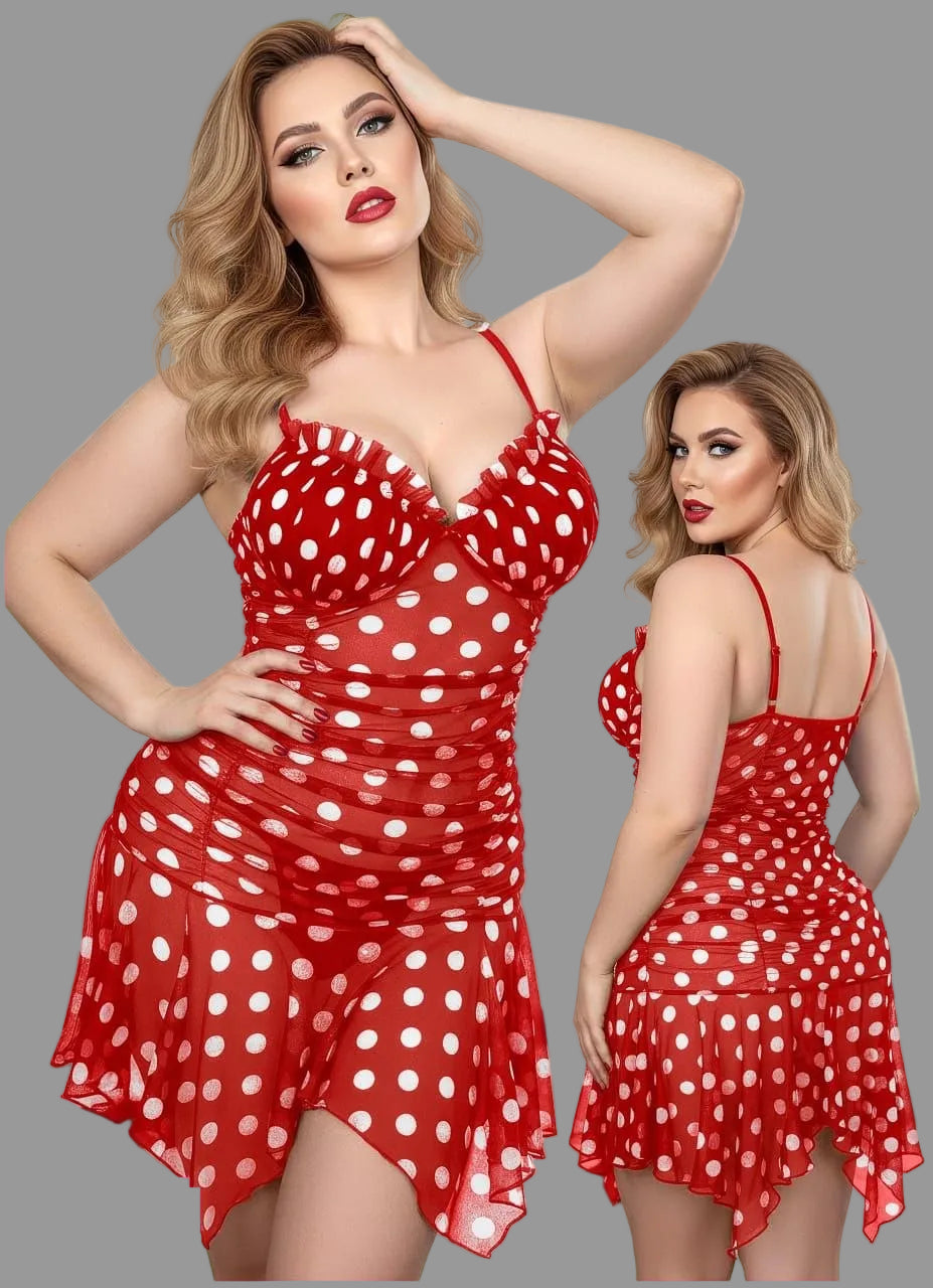 Red polka dot mesh evening dress by Vaura featuring white dots and a stylish, elegant design.