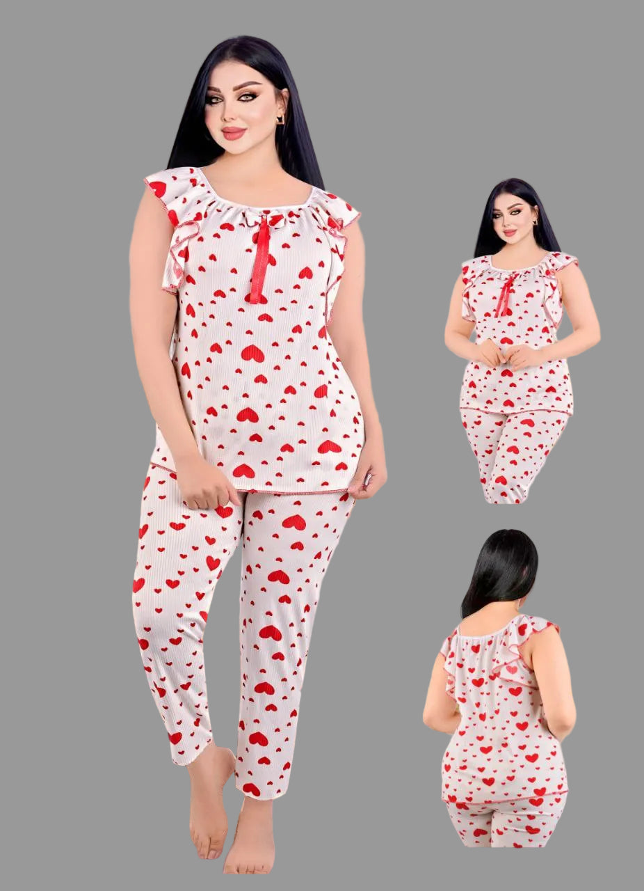 Vaura cotton sleepwear set with red hearts, 2-piece pajama set designed for comfortable bedtime wear.