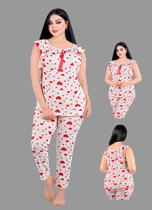 Vaura cotton sleepwear set with red hearts, 2-piece pajama set designed for comfortable bedtime wear.